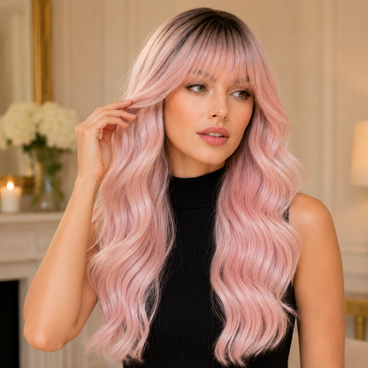 Long Ombre Light Pink Wavy Synthetic Wig with Bangs – Heat-Resistant Cosplay Wig