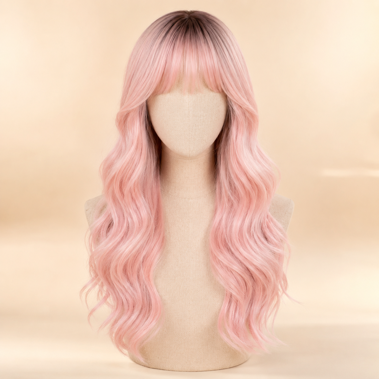 Long Ombre Light Pink Wavy Synthetic Wig with Bangs – Heat-Resistant Cosplay Wig