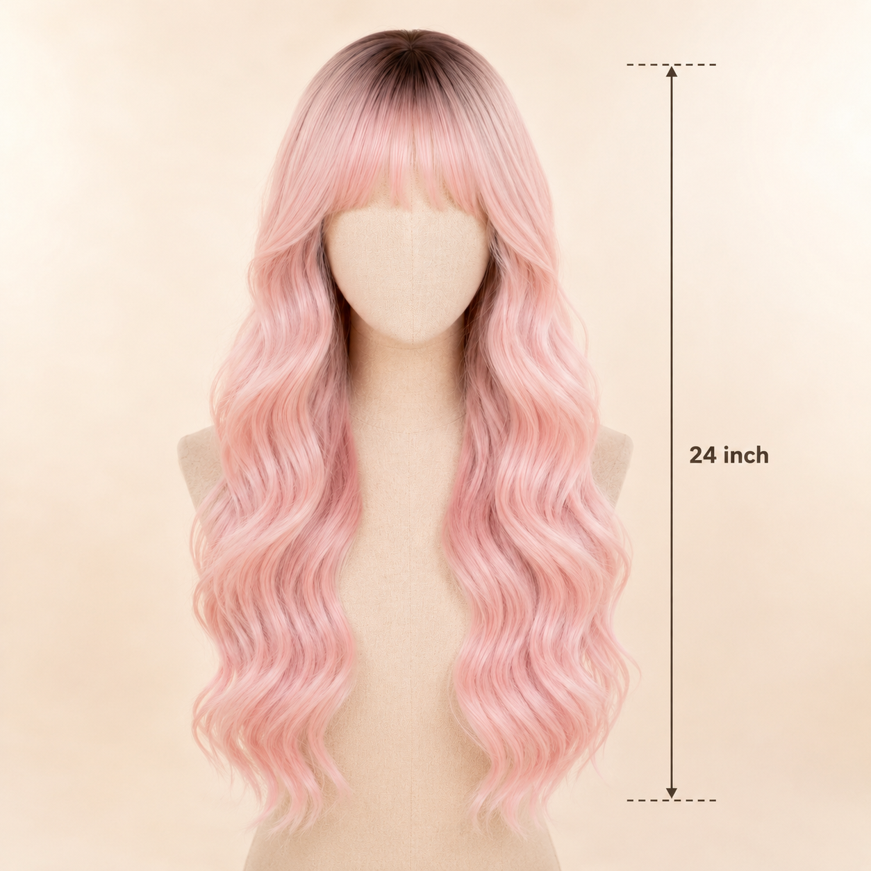 Long Ombre Light Pink Wavy Synthetic Wig with Bangs – Heat-Resistant Cosplay Wig