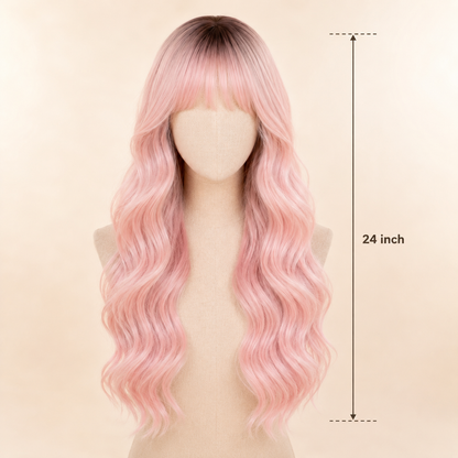 Long Ombre Light Pink Wavy Synthetic Wig with Bangs – Heat-Resistant Cosplay Wig