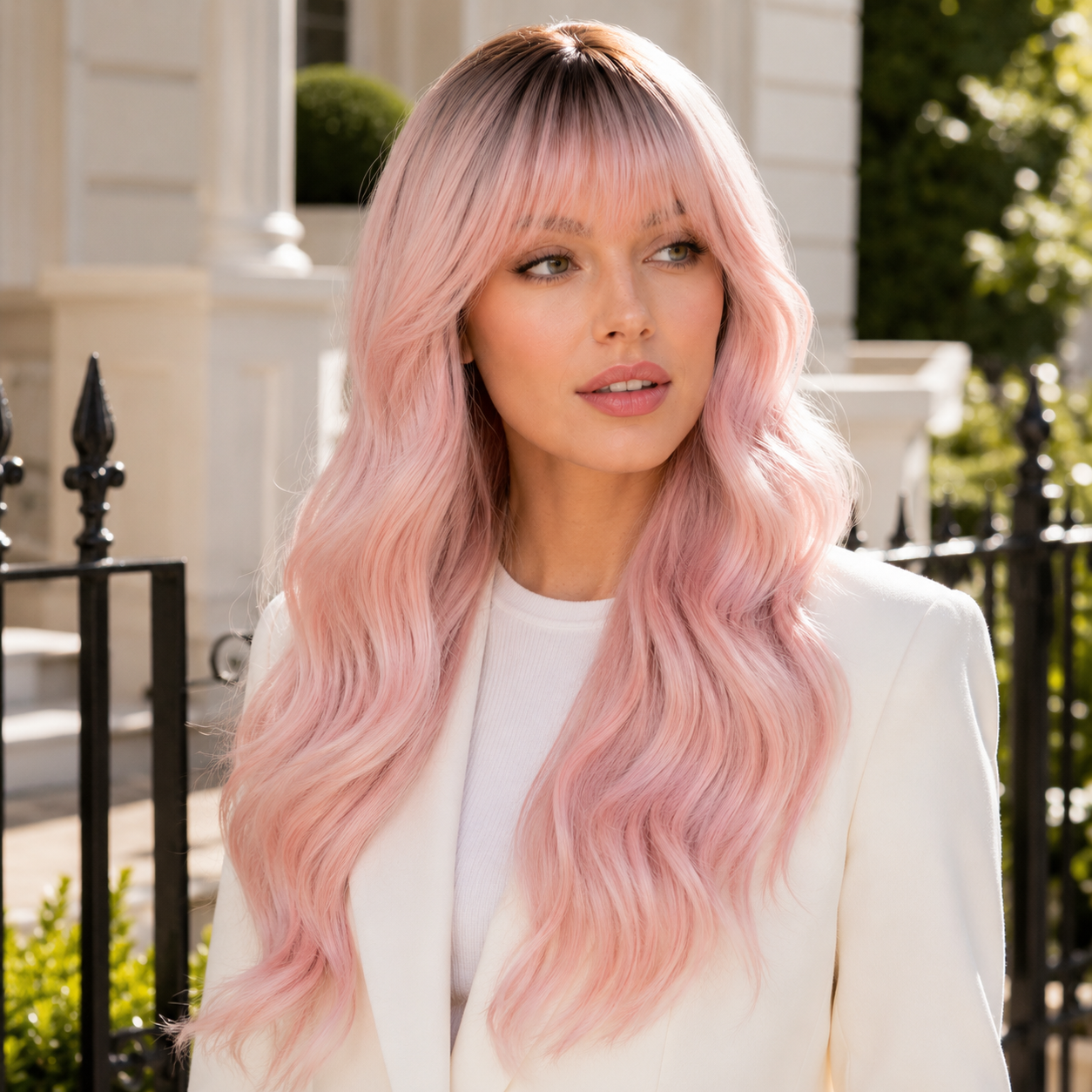 Long Ombre Light Pink Wavy Synthetic Wig with Bangs – Heat-Resistant Cosplay Wig