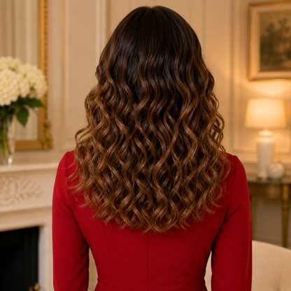 18 Inch Brown Ombre Wavy Synthetic Wig with Bangs – Heat-Resistant Fiber