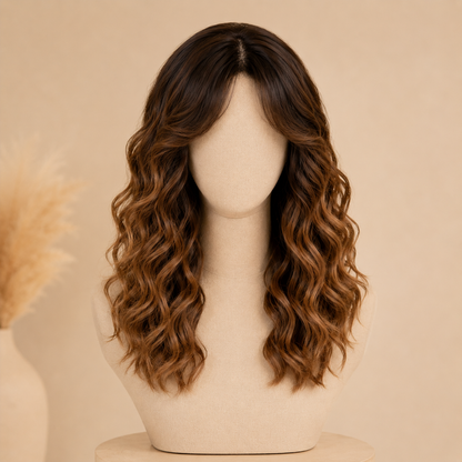 18 Inch Brown Ombre Wavy Synthetic Wig with Bangs – Heat-Resistant Fiber