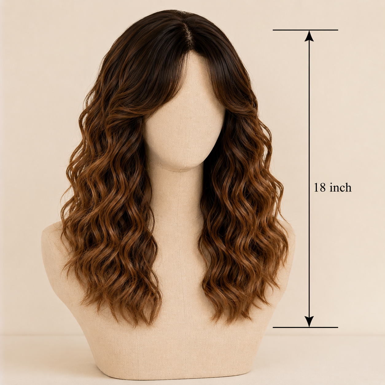 18 Inch Brown Ombre Wavy Synthetic Wig with Bangs – Heat-Resistant Fiber
