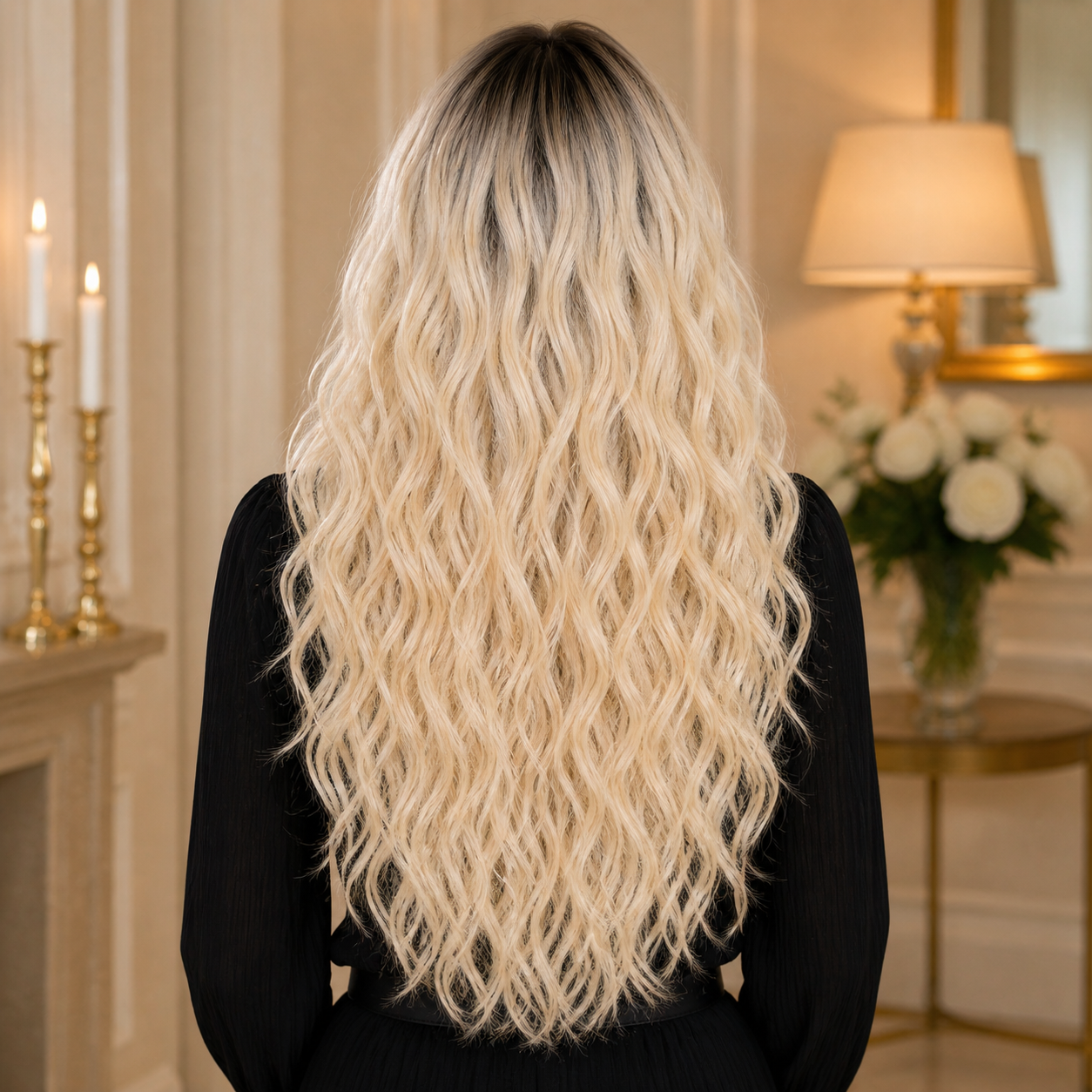 Long Platinum Blonde Curly Synthetic Wig with Bangs – Dark Roots