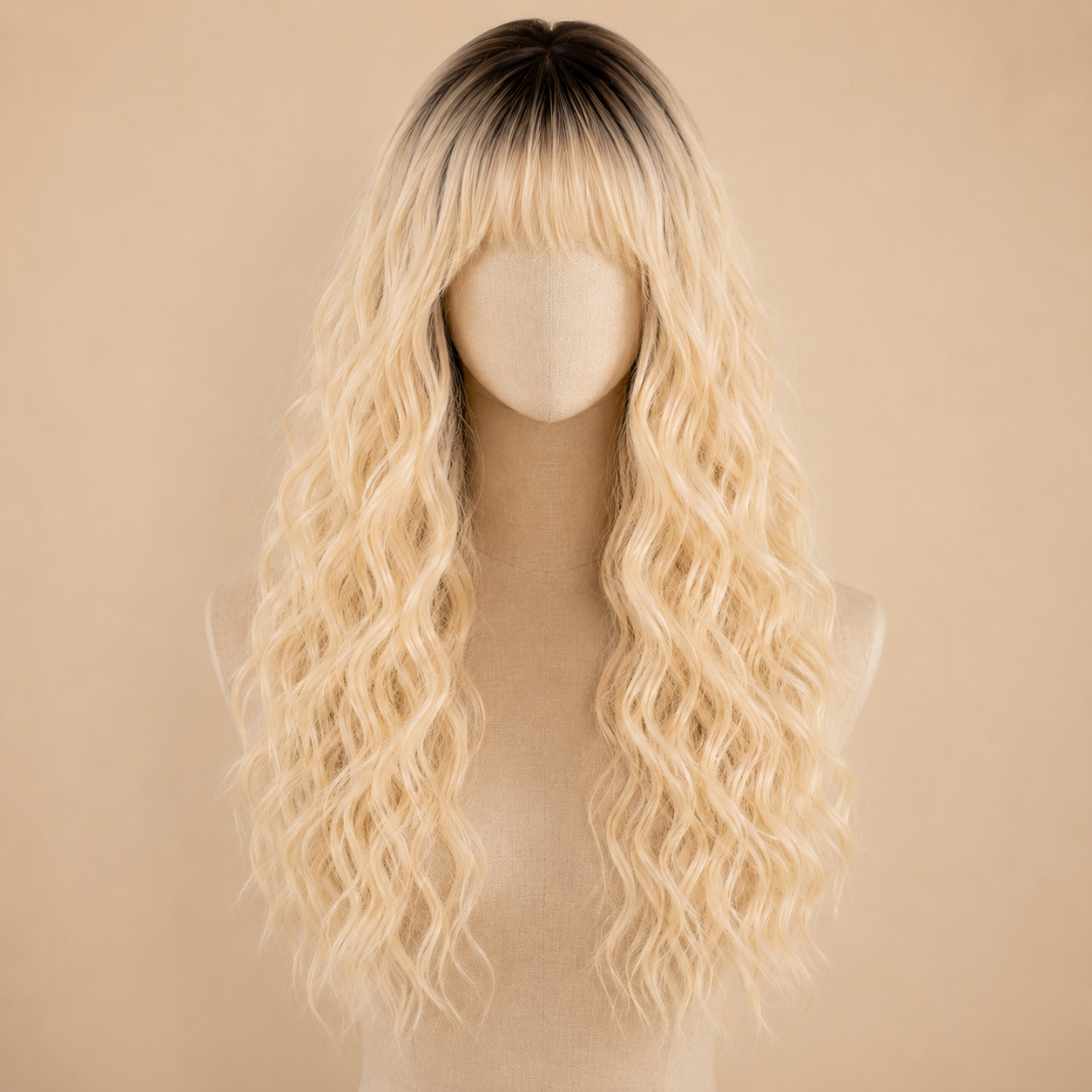 Long Platinum Blonde Curly Synthetic Wig with Bangs – Dark Roots