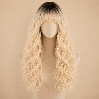 Long Platinum Blonde Curly Synthetic Wig with Bangs – Dark Roots