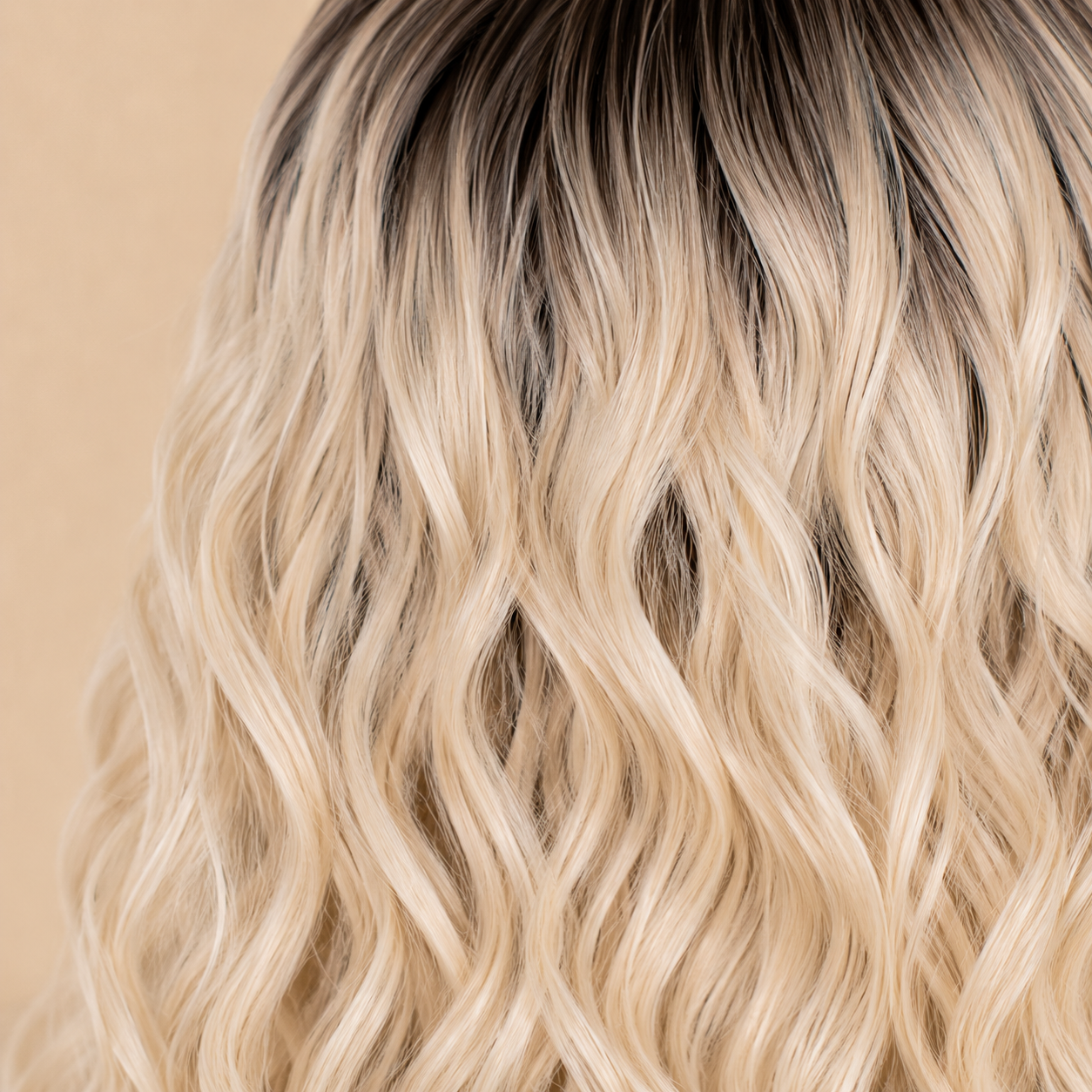 Long Platinum Blonde Curly Synthetic Wig with Bangs – Dark Roots