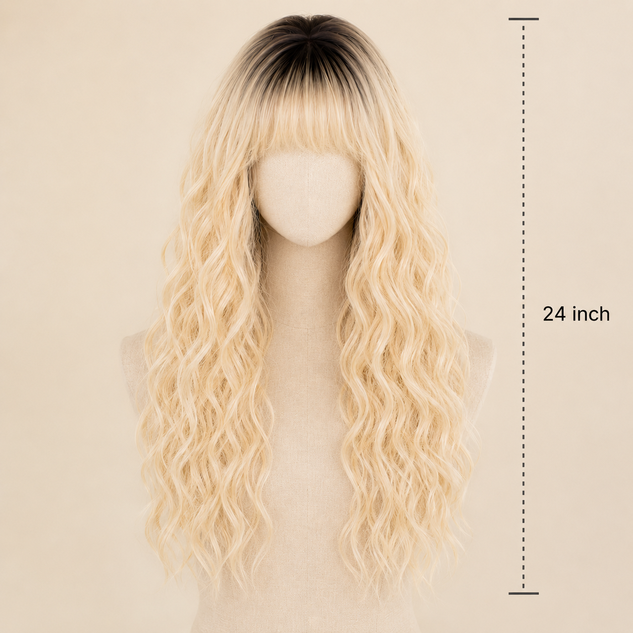 Long Platinum Blonde Curly Synthetic Wig with Bangs – Dark Roots