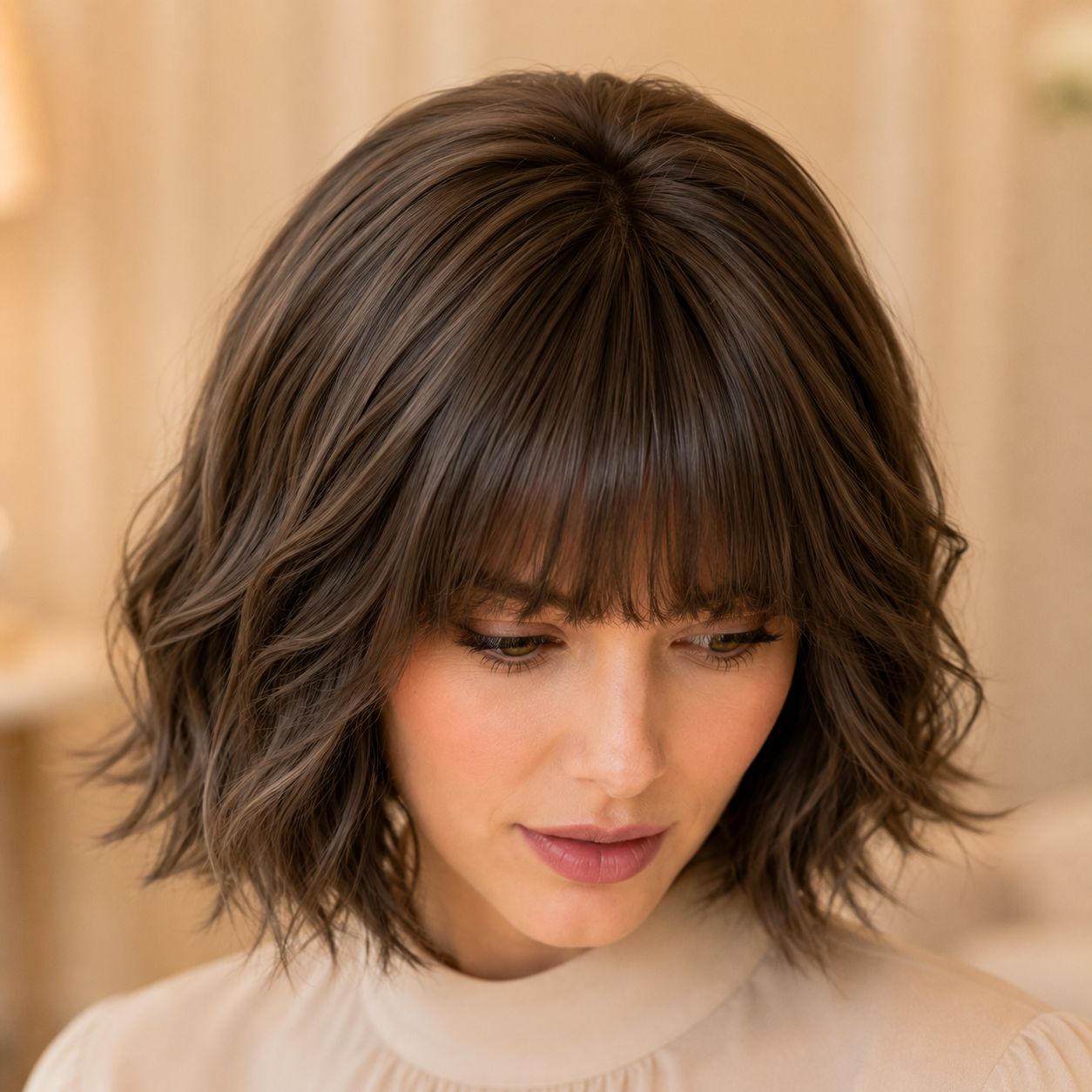 Short Bob Synthetic Wig with Bangs – Heat-Resistant Fiber