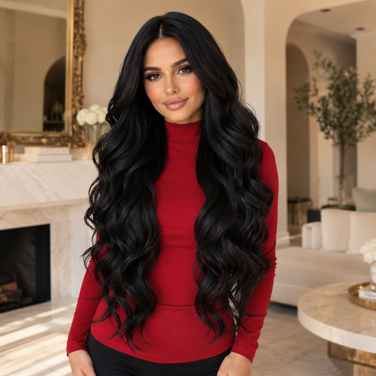 Long Black Big Wave Synthetic Wig – Middle Part