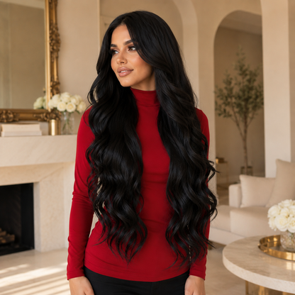 Long Black Big Wave Synthetic Wig – Middle Part