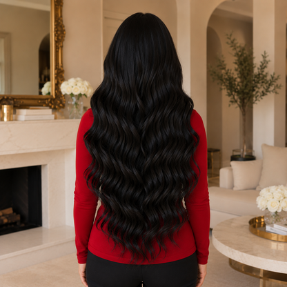 Long Black Big Wave Synthetic Wig – Middle Part