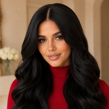 Long Black Big Wave Synthetic Wig – Middle Part