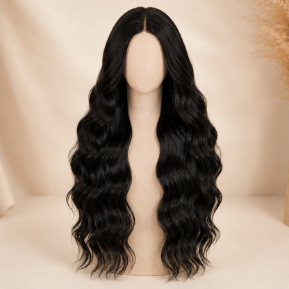 Long Black Big Wave Synthetic Wig – Middle Part