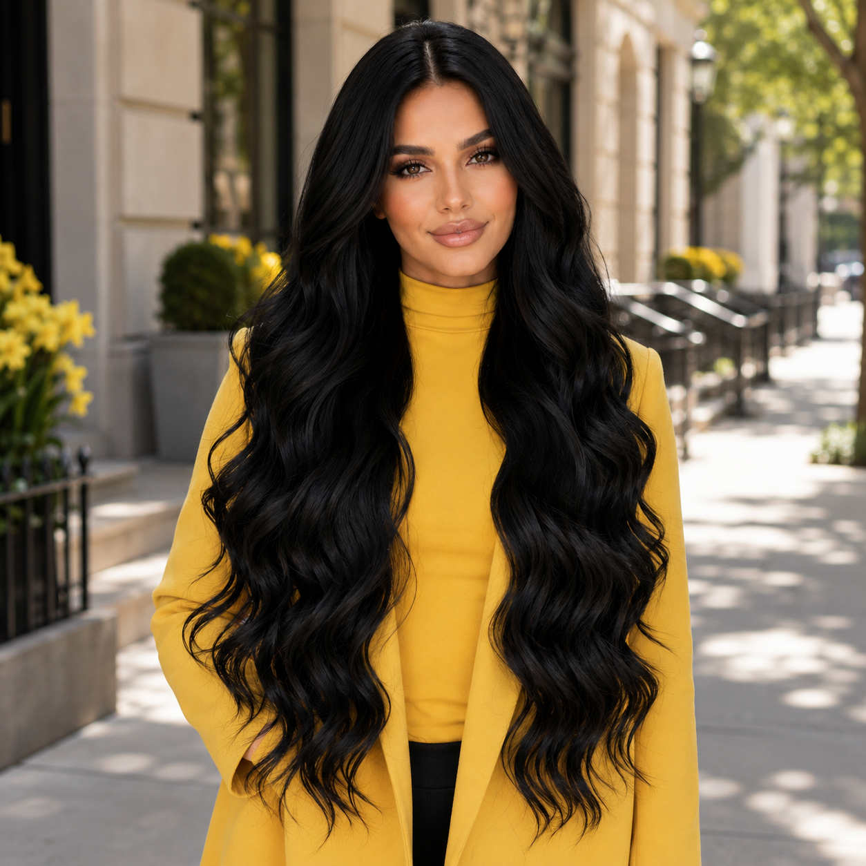 Long Black Big Wave Synthetic Wig – Middle Part