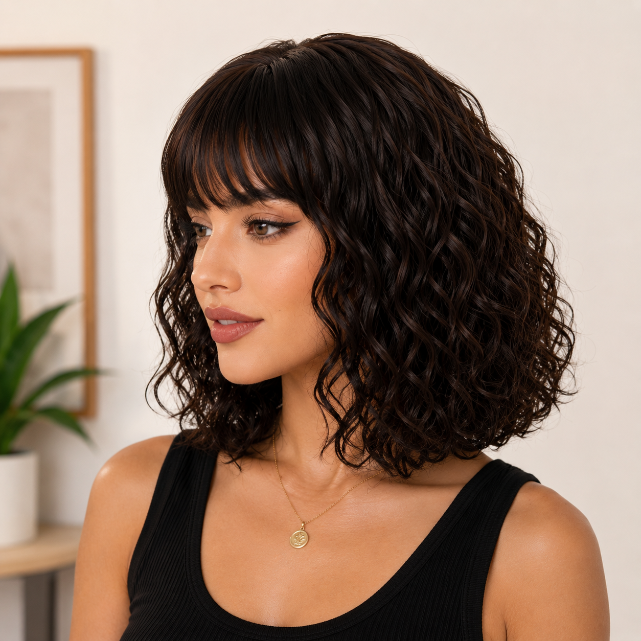 12 Inch Curly Synthetic Wig with Bangs – Black Brown Blend Heat-Resistant Fiber