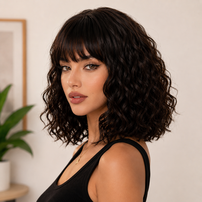 12 Inch Curly Synthetic Wig with Bangs – Black Brown Blend Heat-Resistant Fiber
