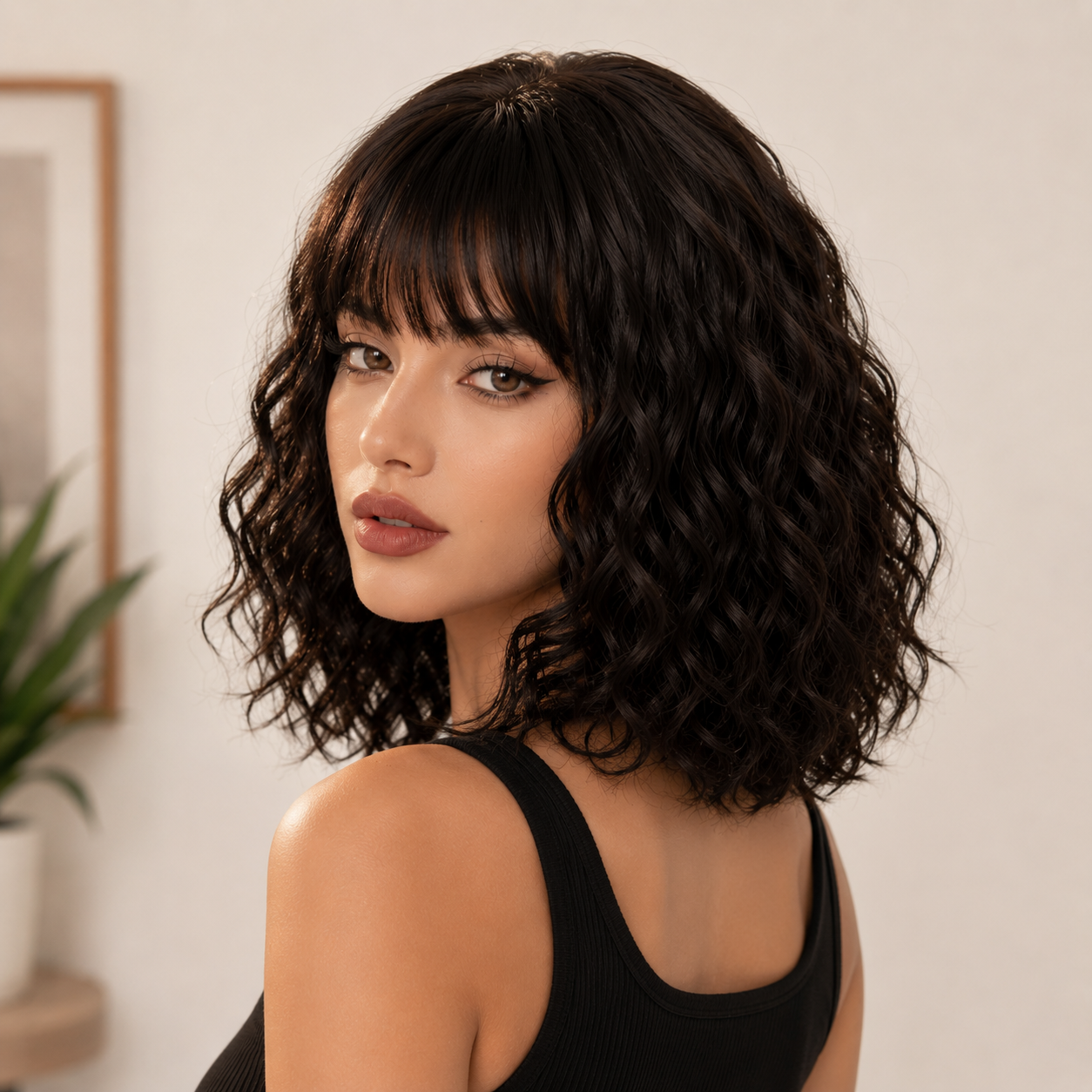12 Inch Curly Synthetic Wig with Bangs – Black Brown Blend Heat-Resistant Fiber