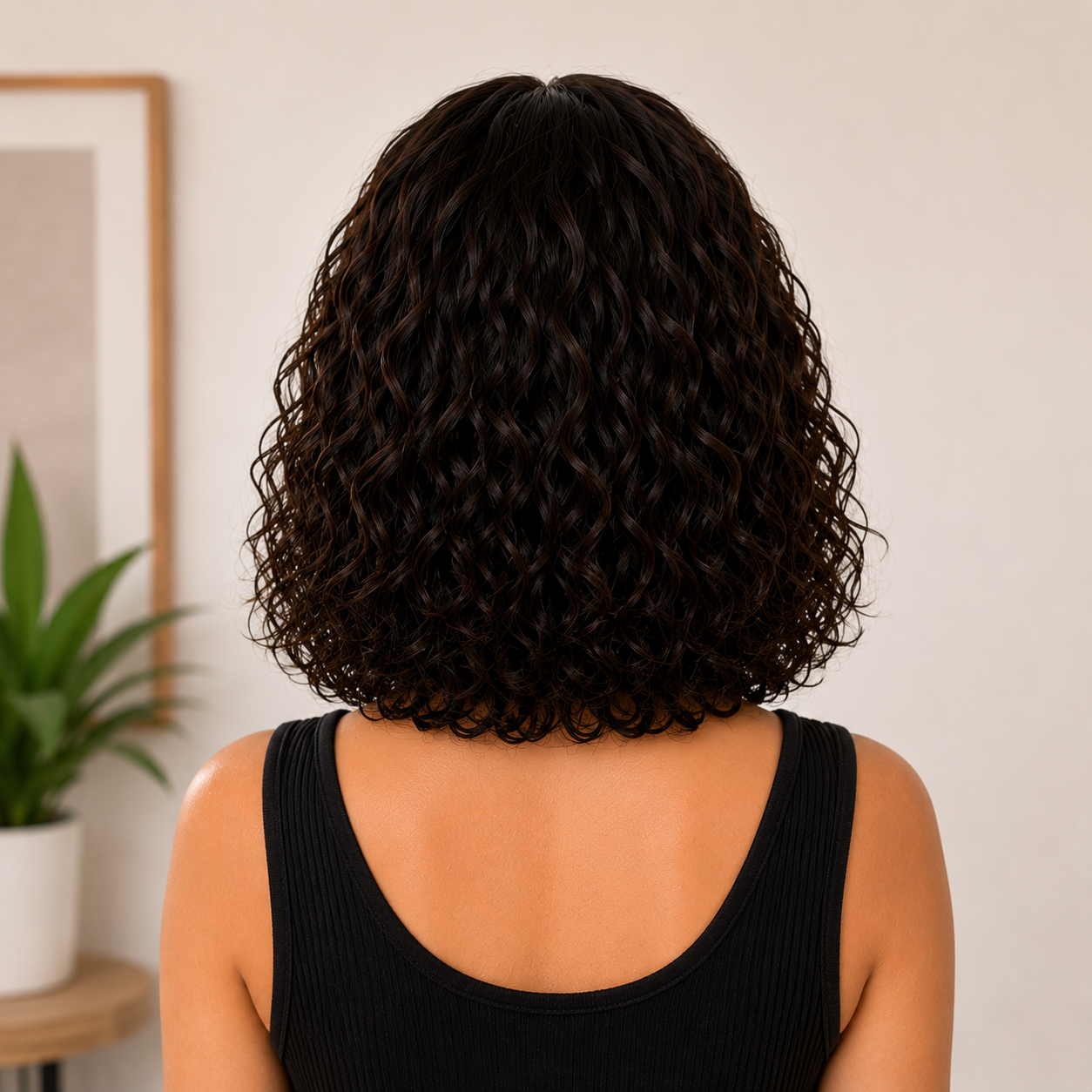 12 Inch Curly Synthetic Wig with Bangs – Black Brown Blend Heat-Resistant Fiber