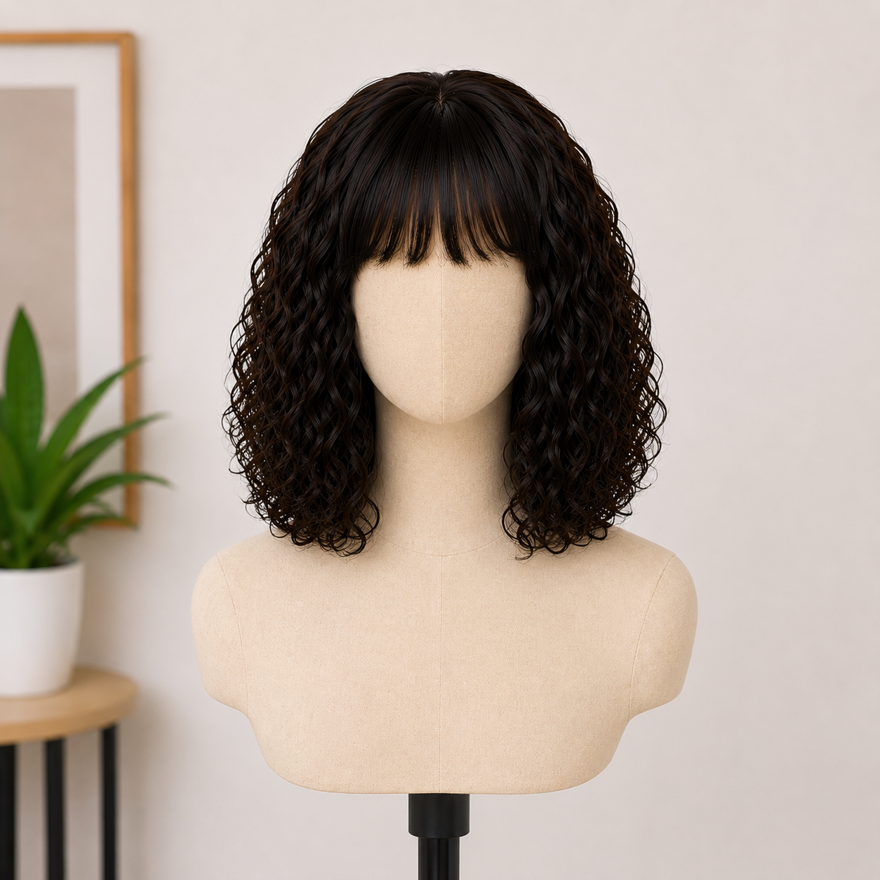 12 Inch Curly Synthetic Wig with Bangs – Black Brown Blend Heat-Resistant Fiber