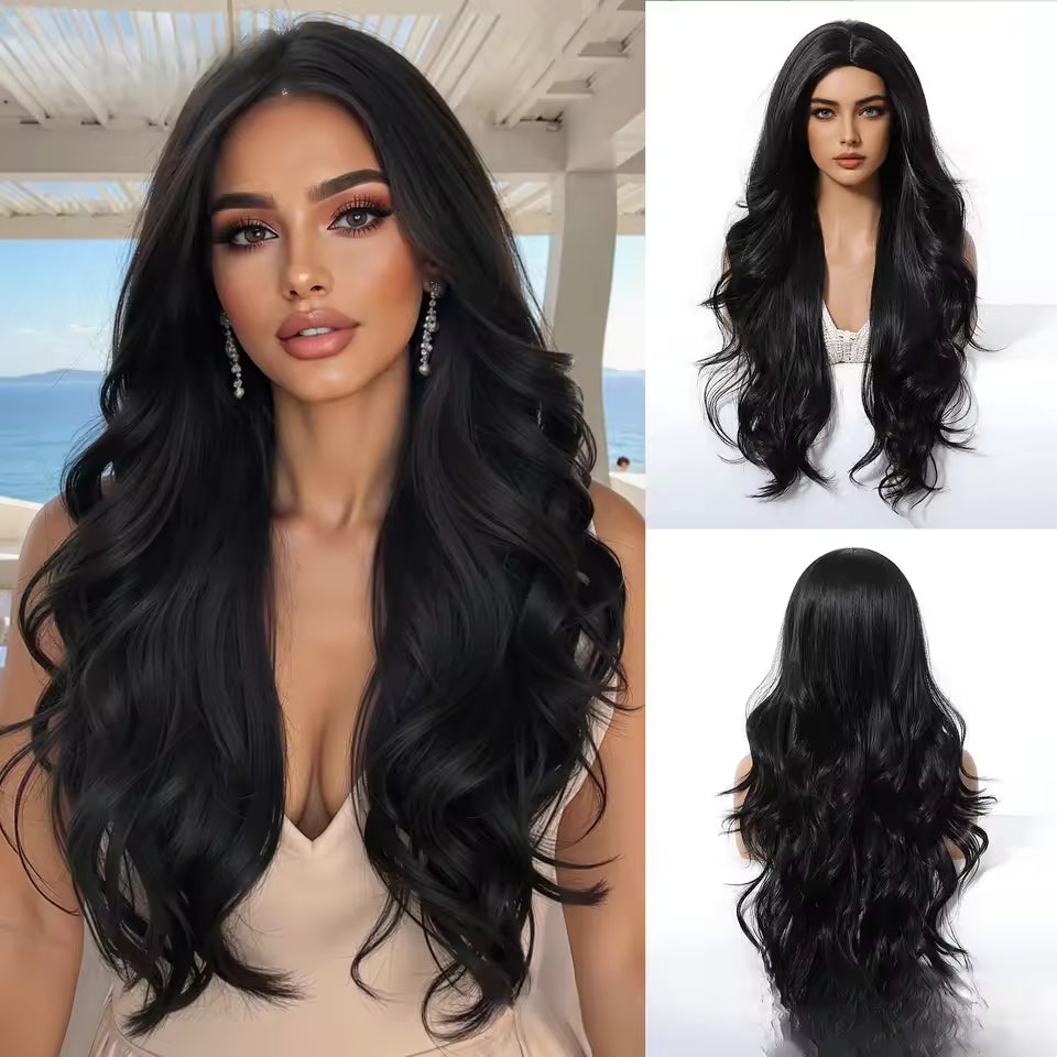 Women’s Long Curly Wig – Full Headgear Style Black Big Wave Synthetic Fiber Hair Wig