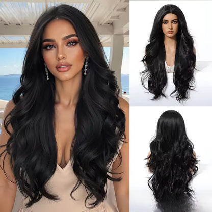 Women’s Long Curly Wig – Full Headgear Style Black Big Wave Synthetic Fiber Hair Wig