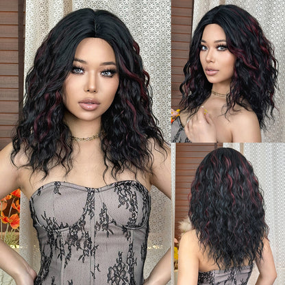 Brown Ombre Medium Curly Synthetic Wig – Heat Resistant Middle Part Wavy Hair for Women