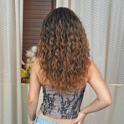 Brown Ombre Medium Curly Synthetic Wig – Heat Resistant Middle Part Wavy Hair for Women