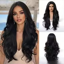 Long Wavy No‑Lace Synthetic Wig – Middle Part Big Wave (Black)