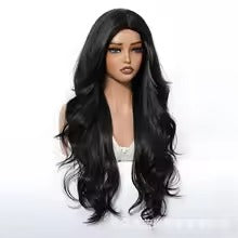 Long Wavy No‑Lace Synthetic Wig – Middle Part Big Wave (Black)