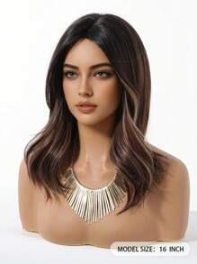 16‑Inch Brown Wavy Synthetic Wig with Bangs – Dark Root Ombre