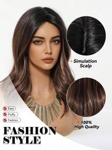 16‑Inch Brown Wavy Synthetic Wig with Bangs – Dark Root Ombre