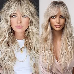 Platinum Blonde Curly Synthetic Wig with Bangs – Dark Roots