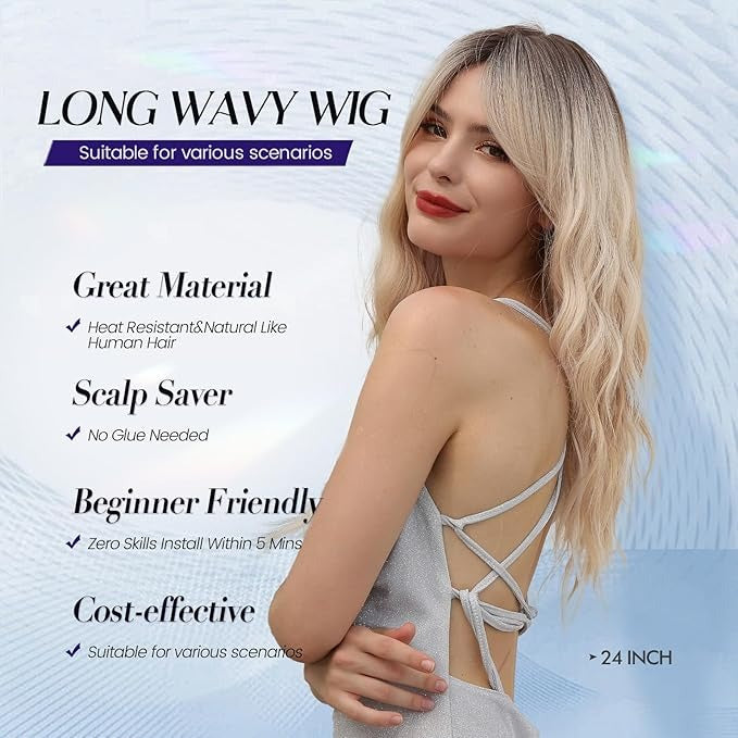 Platinum Blonde Curly Synthetic Wig with Bangs – Dark Roots