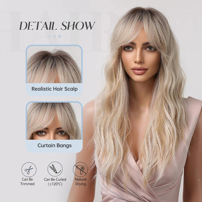 Platinum Blonde Curly Synthetic Wig with Bangs – Dark Roots