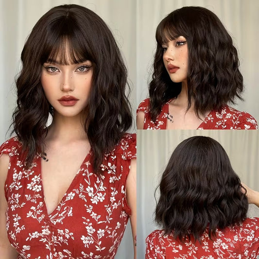 40.64cm Women’s Black Brown Medium Length Curly Wig with Bangs – High-Temperature Fiber, Rose Hair Net Cap