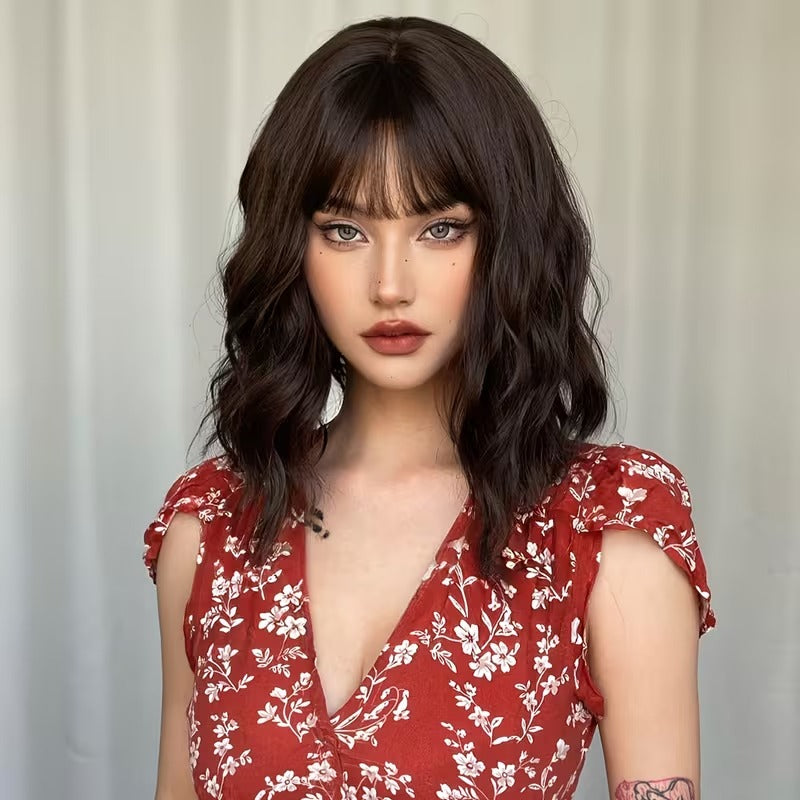 40.64cm Women’s Black Brown Medium Length Curly Wig with Bangs – High-Temperature Fiber, Rose Hair Net Cap