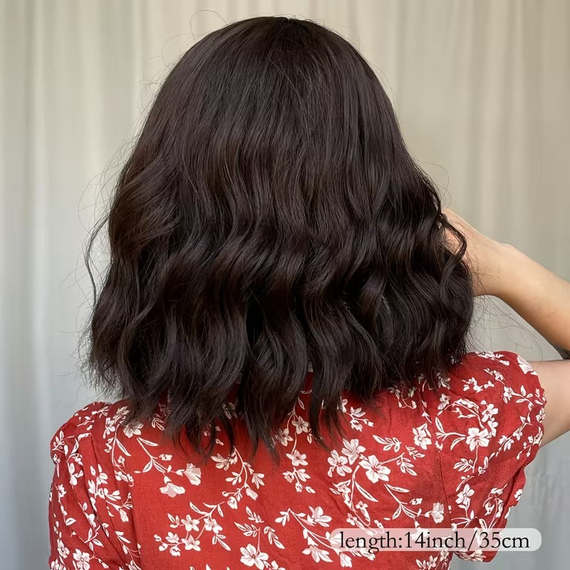 40.64cm Women’s Black Brown Medium Length Curly Wig with Bangs – High-Temperature Fiber, Rose Hair Net Cap