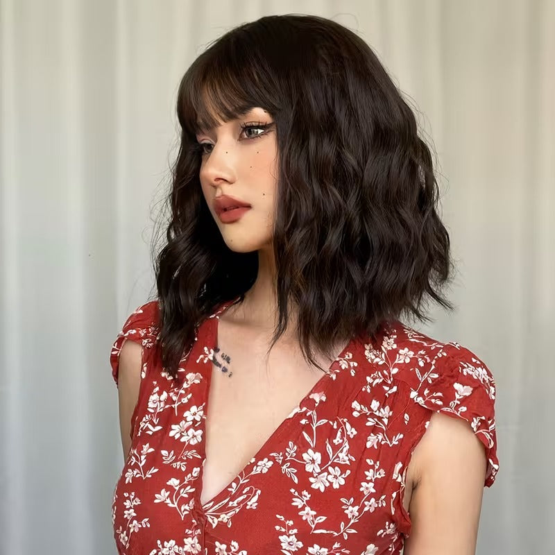 40.64cm Women’s Black Brown Medium Length Curly Wig with Bangs – High-Temperature Fiber, Rose Hair Net Cap