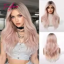 Long Ombre Light Pink Wavy Synthetic Wig with Bangs ( No‑Lace )