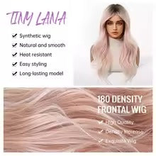 Long Ombre Light Pink Wavy Synthetic Wig with Bangs ( No‑Lace )