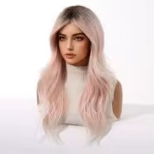 Long Ombre Light Pink Wavy Synthetic Wig with Bangs ( No‑Lace )