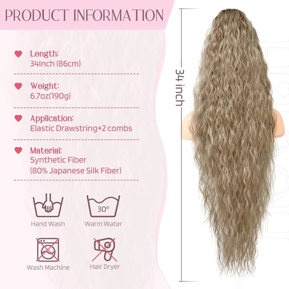 Long Black Afro Thick Wavy Drawstring Ponytail – Natural Human-Like Synthetic Hair Extension for Women