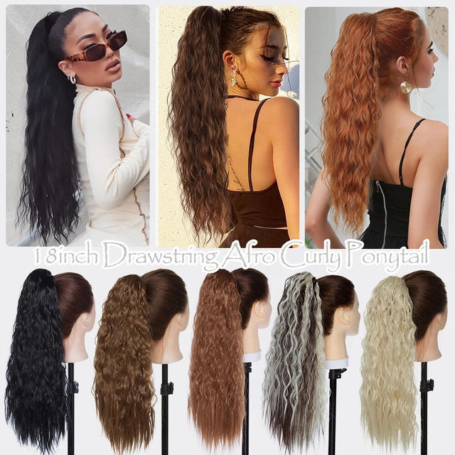 Long Black Afro Thick Wavy Drawstring Ponytail – Natural Human-Like Synthetic Hair Extension for Women
