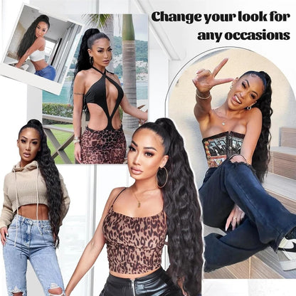Long Black Afro Thick Wavy Drawstring Ponytail – Natural Human-Like Synthetic Hair Extension for Women