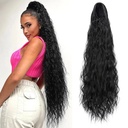 Long Black Afro Thick Wavy Drawstring Ponytail – Natural Human-Like Synthetic Hair Extension for Women