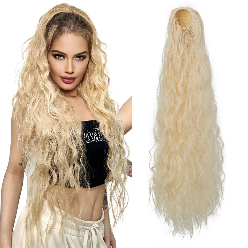 Long Black Afro Thick Wavy Drawstring Ponytail – Natural Human-Like Synthetic Hair Extension for Women