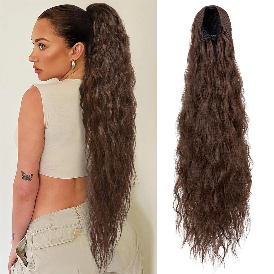 Long Black Afro Thick Wavy Drawstring Ponytail – Natural Human-Like Synthetic Hair Extension for Women
