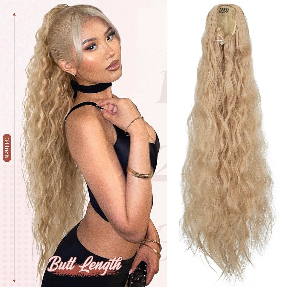 Long Black Afro Thick Wavy Drawstring Ponytail – Natural Human-Like Synthetic Hair Extension for Women